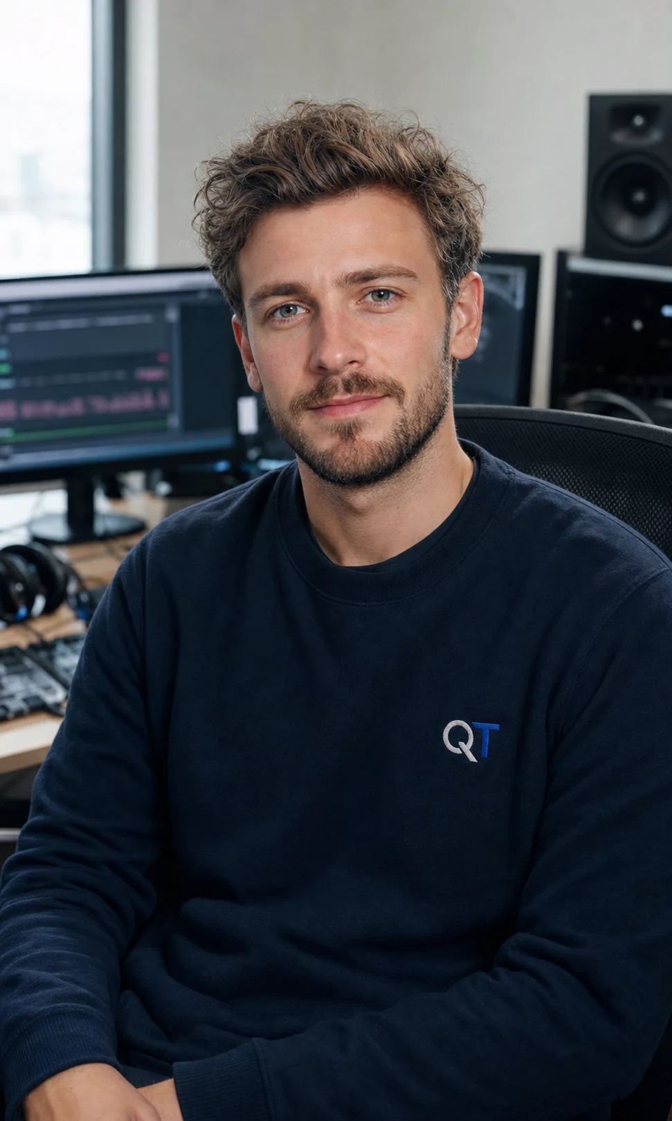 KI-generiertes Porträt des fiktiven UX- und Audio-Designers Emil Berger mit Quansatech Studio-Shirt