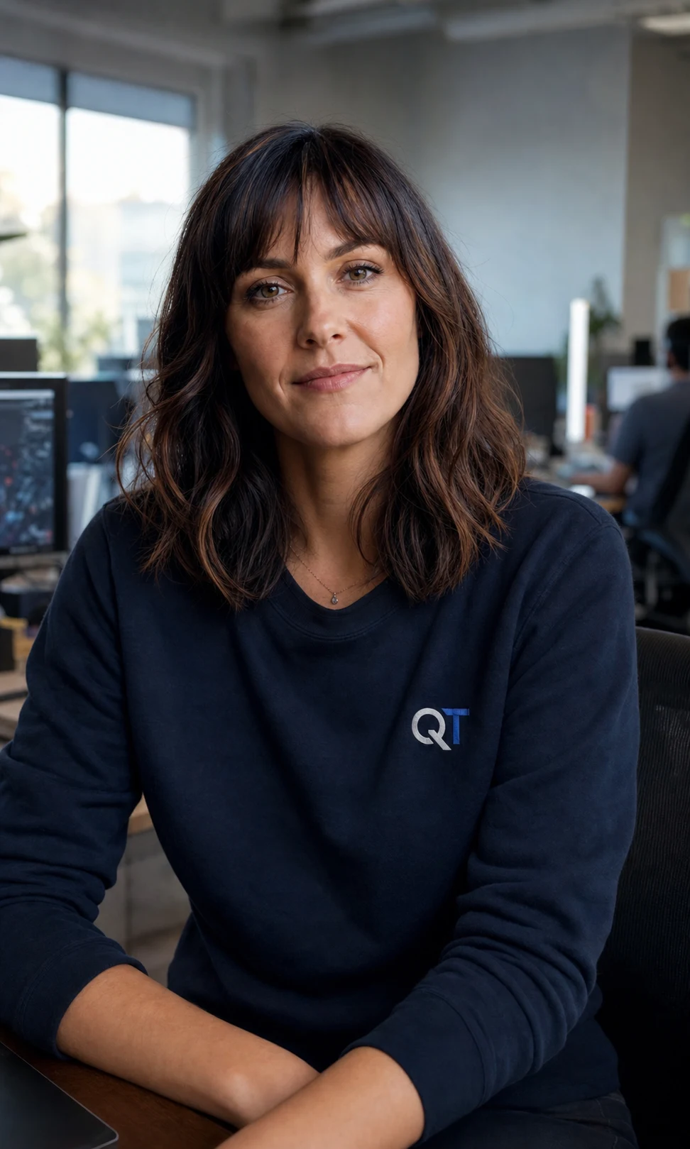 KI-generiertes Porträt der fiktiven Game Director Mira Falk mit Quansatech Studio-Shirt