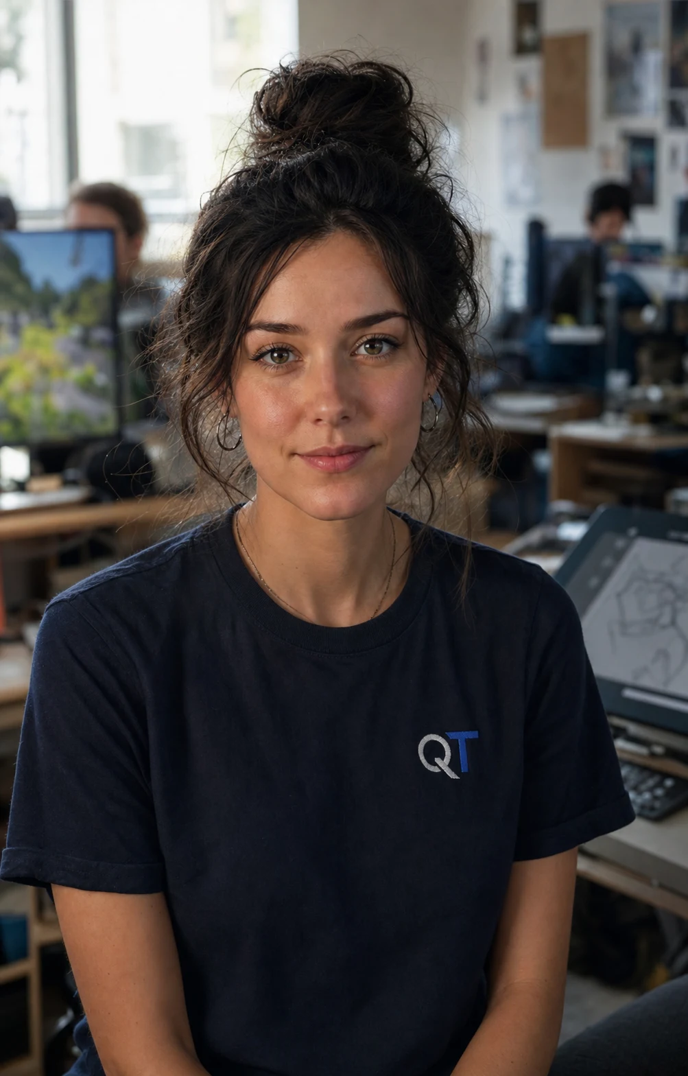 KI-generiertes Porträt der fiktiven 3D-Künstlerin Nela Sommer mit Quansatech Studio-Shirt